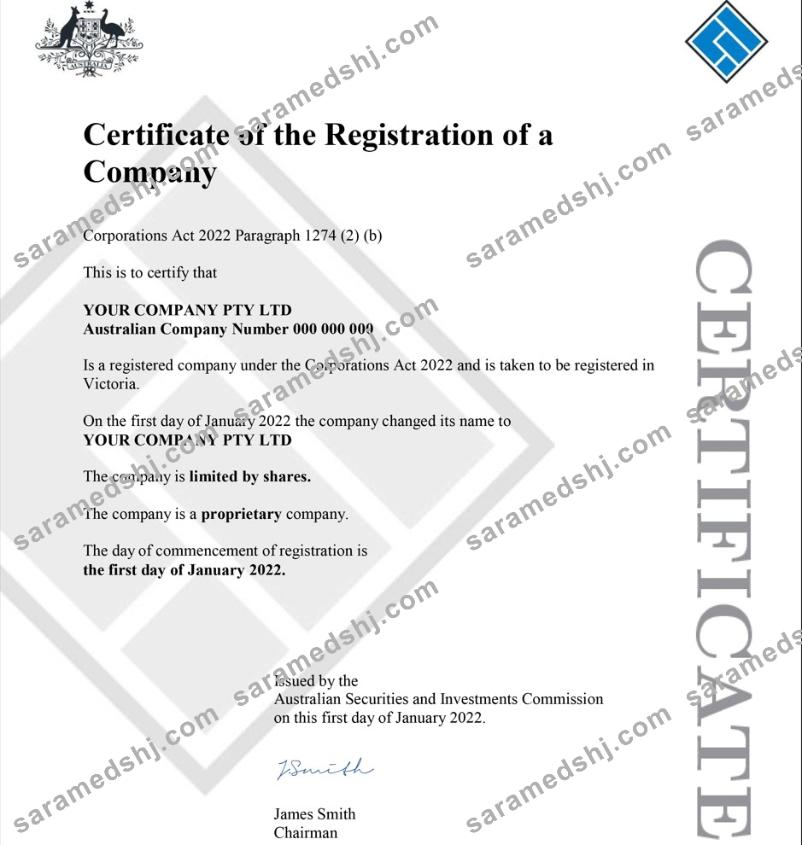 Australian Securities and Investments Commission’s (ASIC) Certificate of Company Registration 1